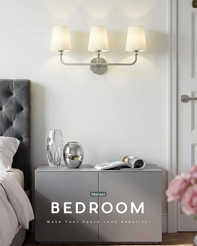 3-Light Bathroom Light Fixtures, Brushed Nickel Vanity Lights with Beige Fabric Shade, Modern Sconces Wall Lighting for Hallway Bedroom, Upward Lighting, VL837-BN-B-3