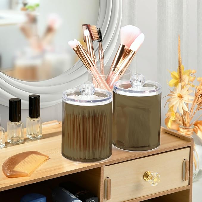 Tan Qtip Holder Organizer Dispenser Cotton Swabs Cans Plastic Jars with Lid Set 2 Pack Bathroom Storage Canister for Cotton Ball Floss Cotton Pads