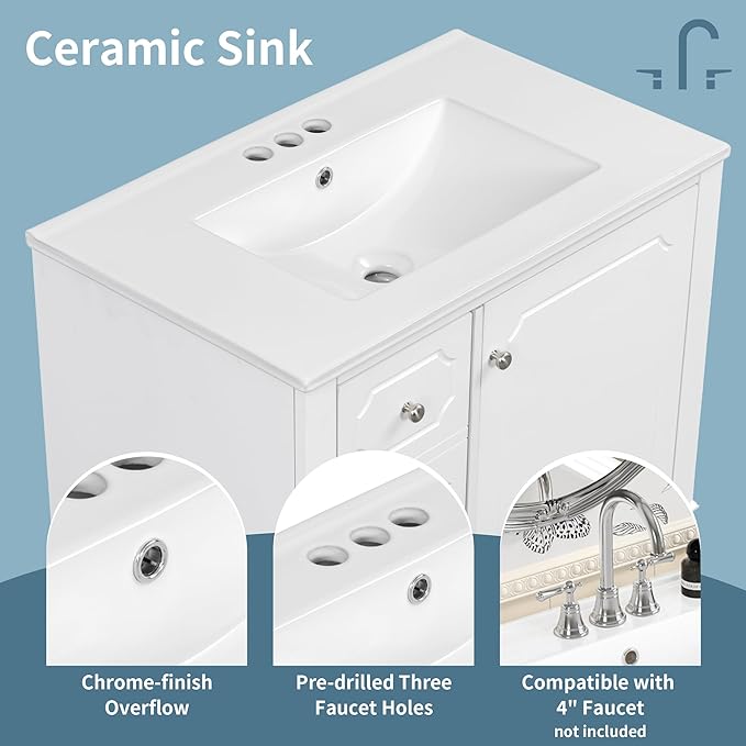 30" Bathroom Vanity with Sink, Harper & Bright Designs Free Standing Single Vanity Set with 3 Drawers and One Door with Storage Racks, Solid Wood Storage Cabinet with Ceramic Basin for Bathroom, White