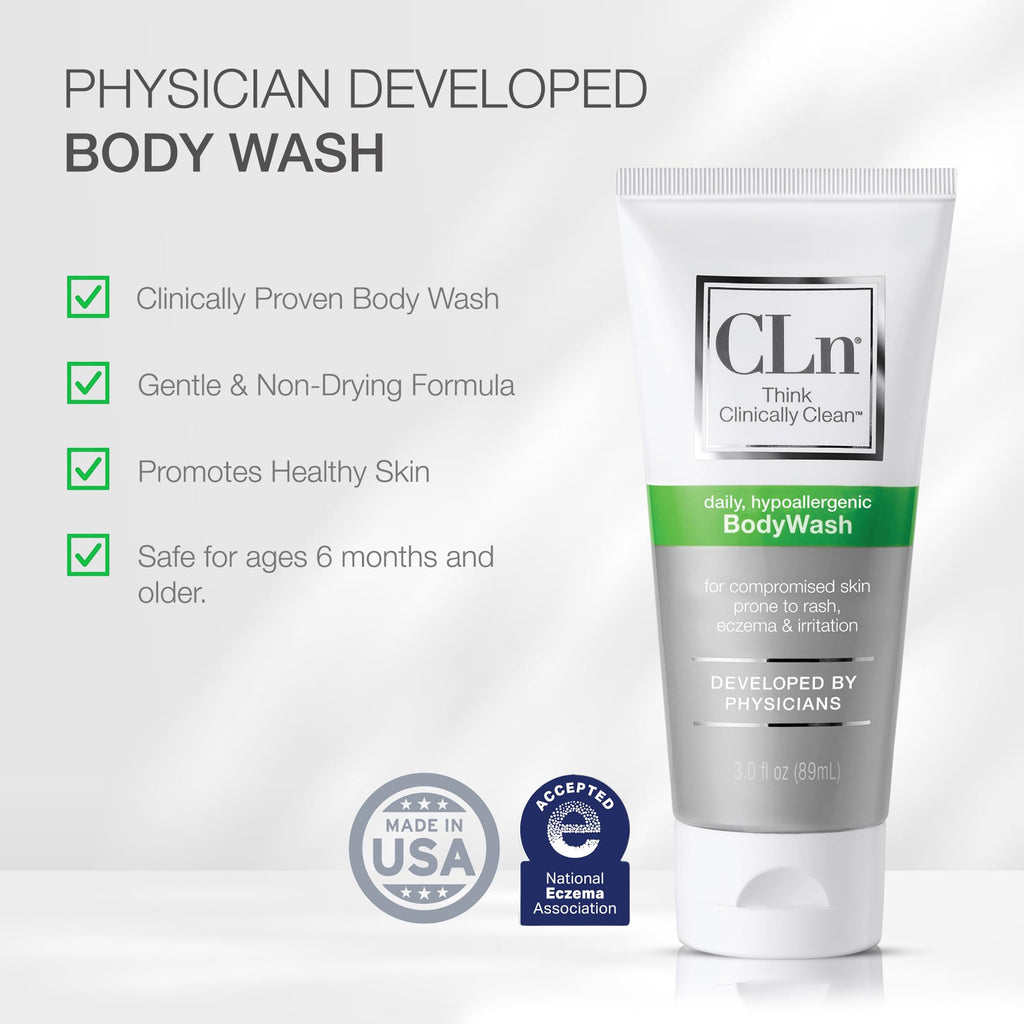 CLn® BodyWash – Non-Drying Body Wash Preserved with Sodium Hypochlorite, For Compromised Skin Prone to Eczema, Dermatitis, Rash & Hidradenitis Suppurativa, Fragrance-Free & Paraben-Free, 3 fl oz