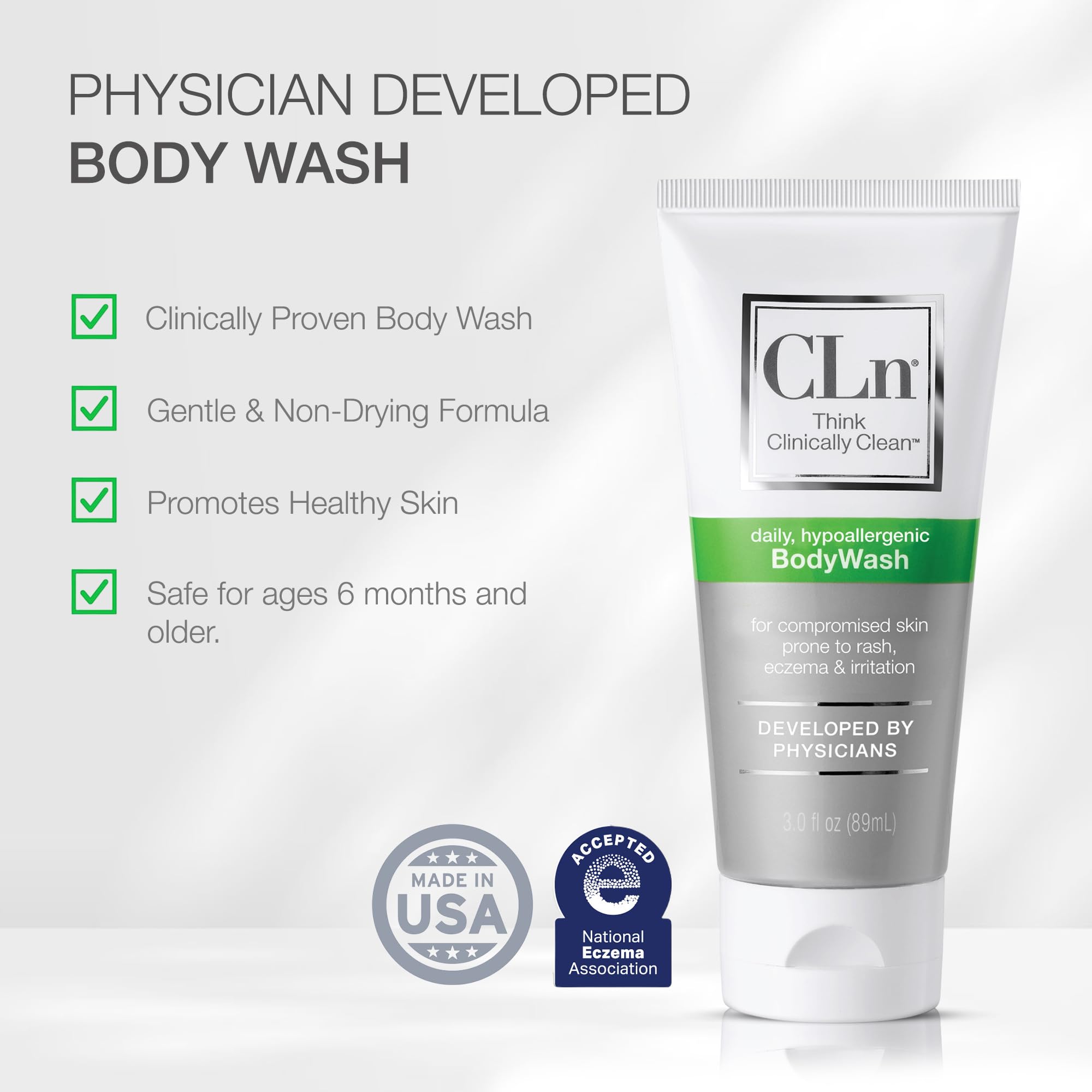 CLn® BodyWash – Non-Drying Body Wash Preserved with Sodium Hypochlorite, For Compromised Skin Prone to Eczema, Dermatitis, Rash & Hidradenitis Suppurativa, Fragrance-Free & Paraben-Free, 3 fl oz