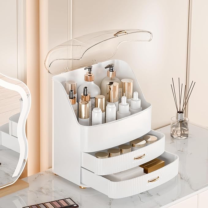 Plukers Makeup Organizer Countertop Vanity with Transparent Lid Drawers Waterproof Dustproof Cosmetic Skincare Bathroom Storage Gift for Women Teens Girls (White)
