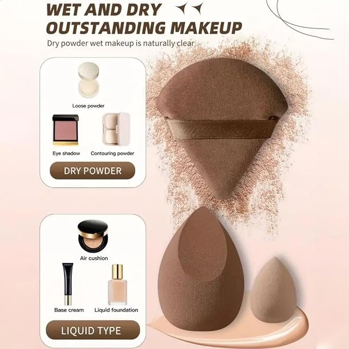 Beauty Blender Sponge Set 14PCS – Multi-Size Makeup Sponges for Foundation, Liquid, Powder - Triangle Puffs, Mini Beauty Blender, Thumb Powder Puff, Reusable & Wet or Dry Use (Brown)