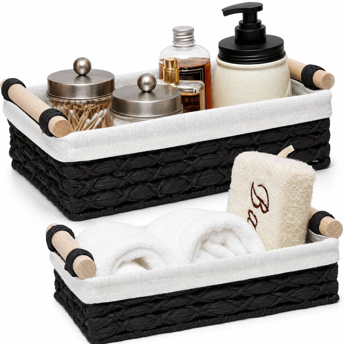 Rattanzenith Black Bathroom Baskets Set of 2, Paper Rope, Wood Handles