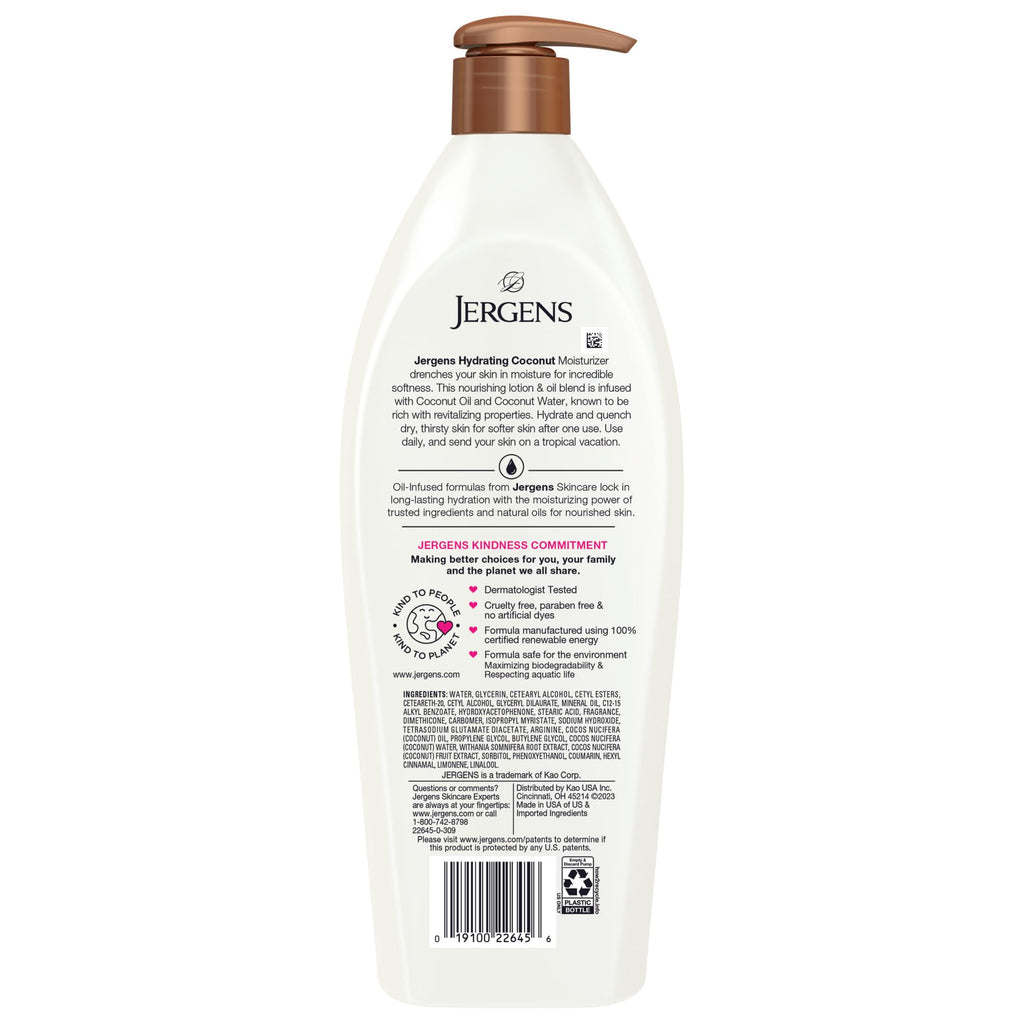Jergens Hydrating Coconut Body Lotion, Hand and Body Moisturizer, Infused with Coconut Oil, Hydrates Dry Skin Instantly, Dermatologist Tested, 26.5 Oz
