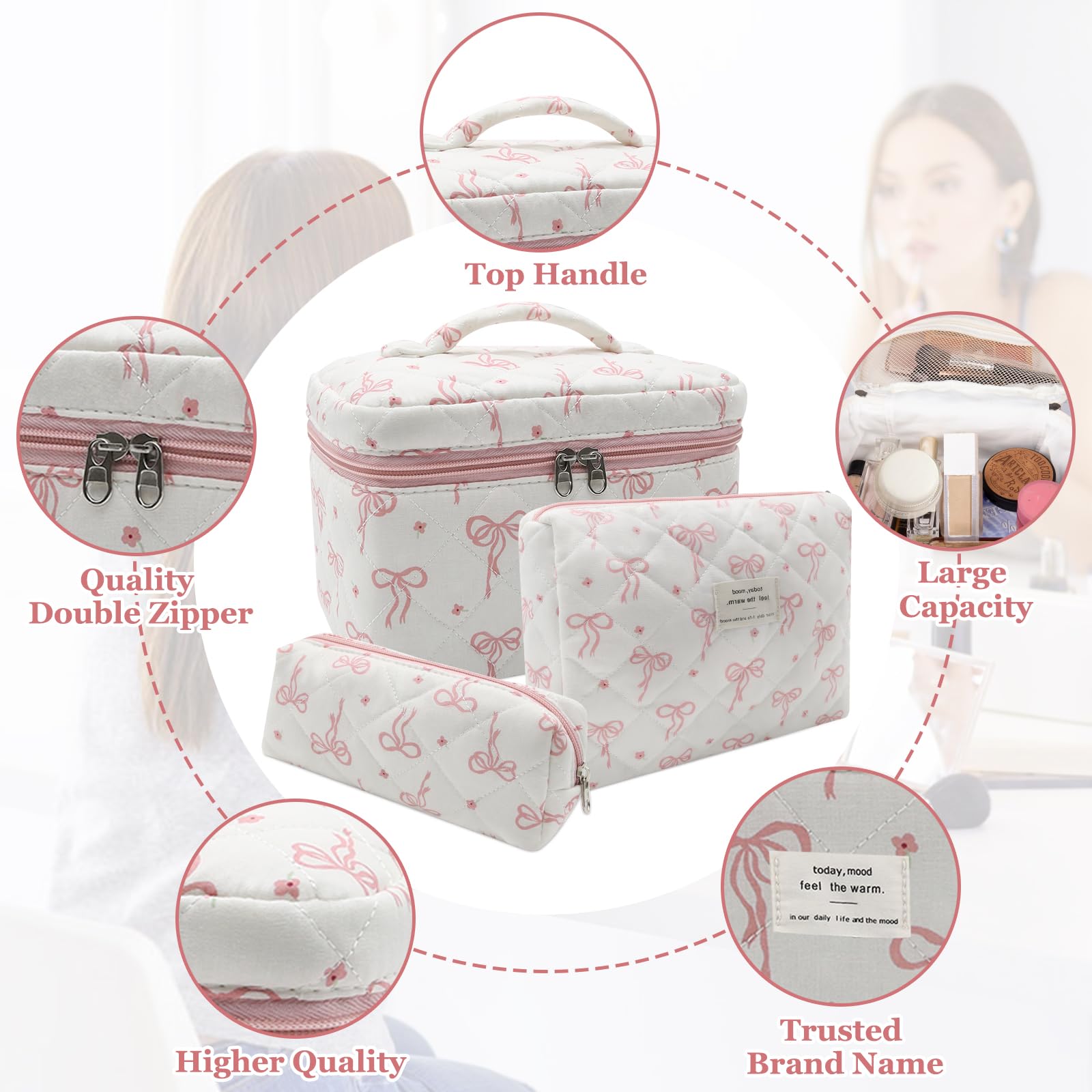Gosect Quilted Makeup Bag Set, 3pc Large Floral Cosmetic Bag for Women, Cute Cotton Makeup Bags, Flower Travel Toiletry Organizer Bag (White Pink Small Bow)