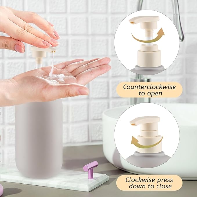 DMuuuDM 6 Pcs 10 oz Soft Plastic Bottles with Press Pump,Empty Refillable Travel Shampoo Dispenser Container for Hand Soap,Shampoo,Lotion,Body Wash,Conditioner,Silicone Funnel Included (Grey)