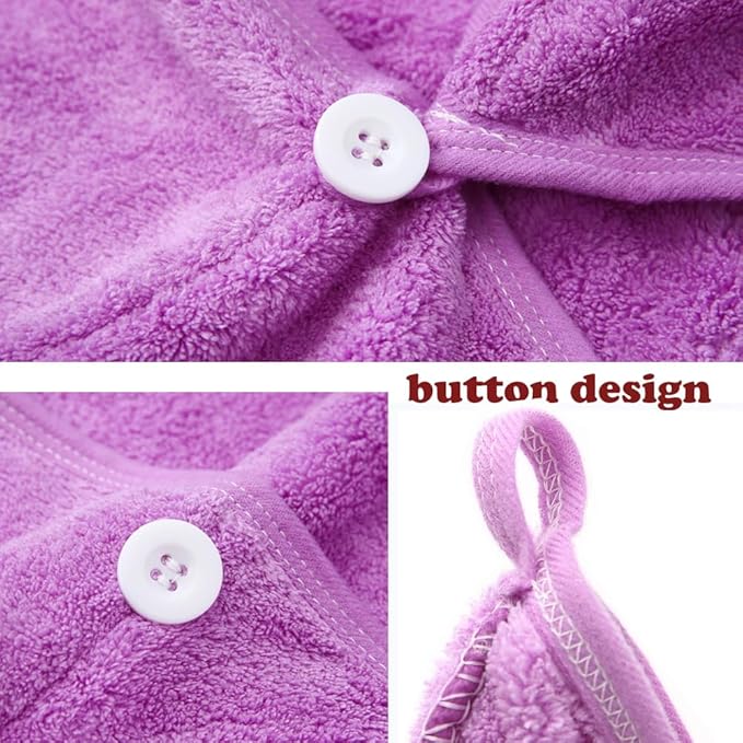 M-bestl 2 Pack Microfiber Hair Towel Wrap,Hair Drying Towel with Button,Absorbent Head Towel to Dry Hair Quickly (Purple)