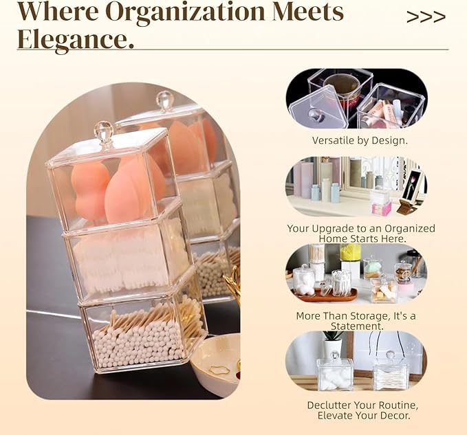 UShioart Stackable Square Acrylic Cotton Ball Holder Q-tip Holder Bathroom Swab Dispenser (3-Pack)