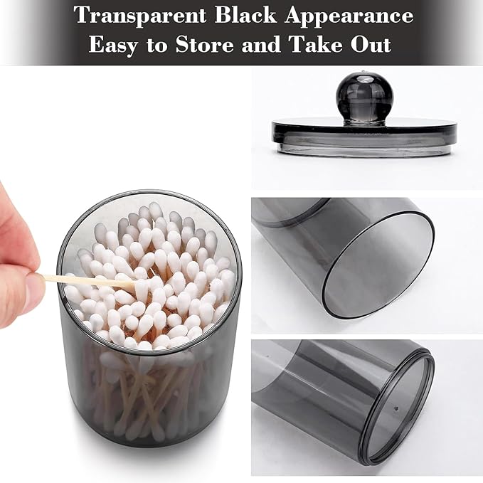 2 Pack Cotton Buds Dispenser, Pad Holder, 10 oz Clear Black Cotton Swab Holder Round Holder, Apothecary Jar Set Canister Storage Organization for Ball, Round Pads, Floss