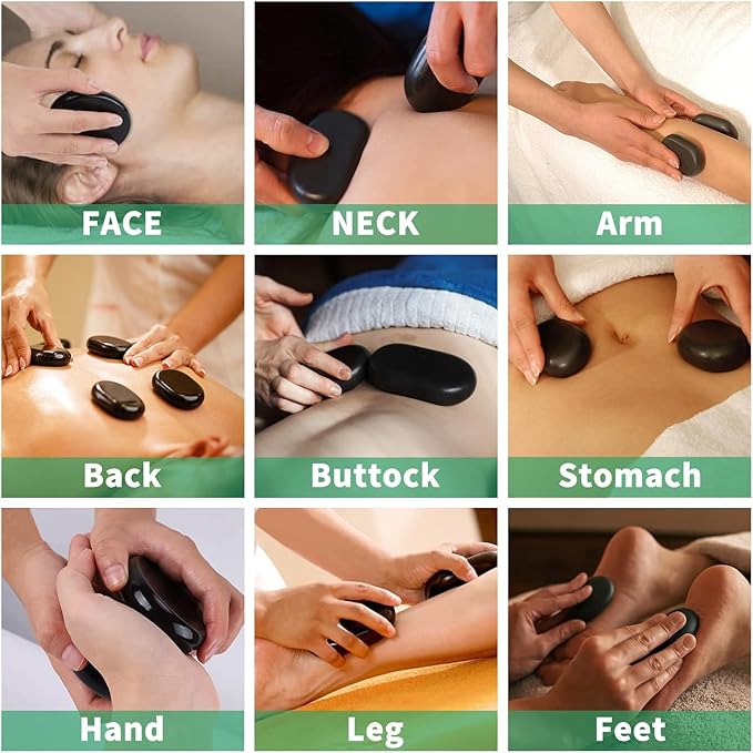 HDYAR Hot Stones for Massage-6 Large Essential Basalt Massage Stones Set (3.15in) with 2 Mushroom Shape Gua Sha Facial Tools, Massage Tools for Professional or Home SPA, Relaxing, Pain Relief