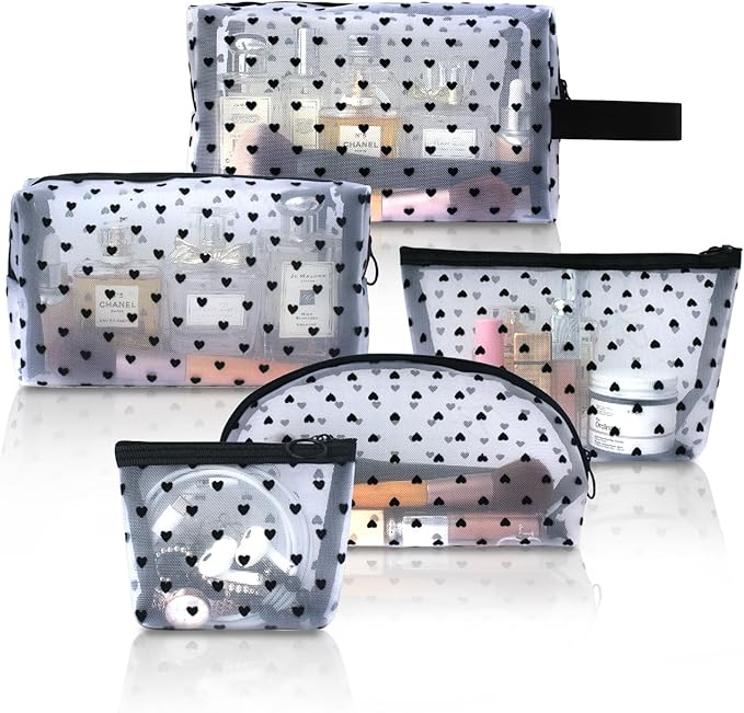 TRAKWAN 5-Piece Heart Printed Mesh Makeup Bag Set, Portable Travel Cosmetic Toiletry Purse Bags, Zipper Storage Pouches for Home Offices Travel Accessories (White)