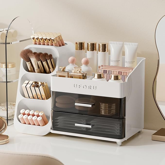 UFORU Makeup Organizer for Vanity with Brush Holder, Large Capacity Bathroom Countertop Skincare Organizer with 2 Drawers, Cosmetic Display Case for Perfumes, Eyeshadow Palettes, Nail Polishes
