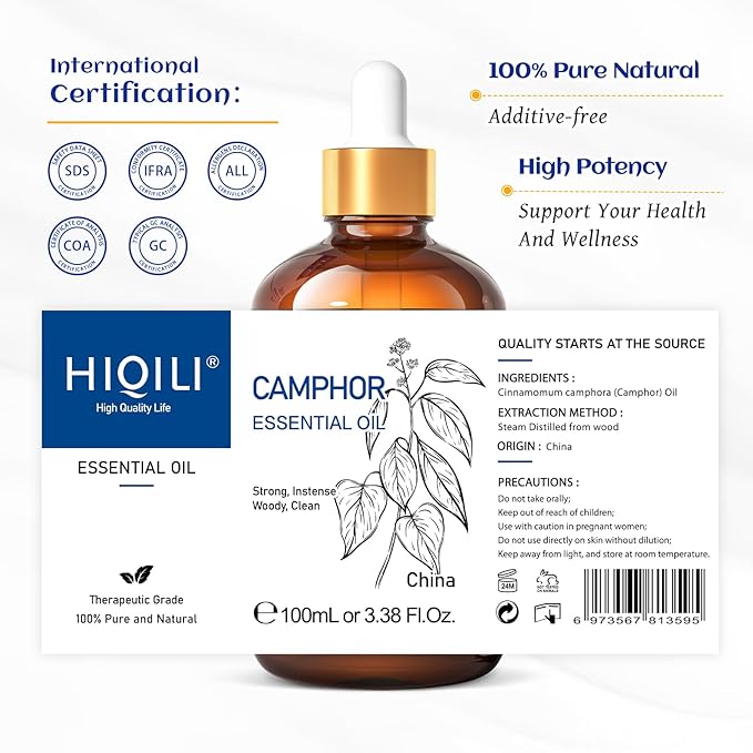 HIQILI Camphor Essential Oil for Aromatherapy, Diffuser, Massage