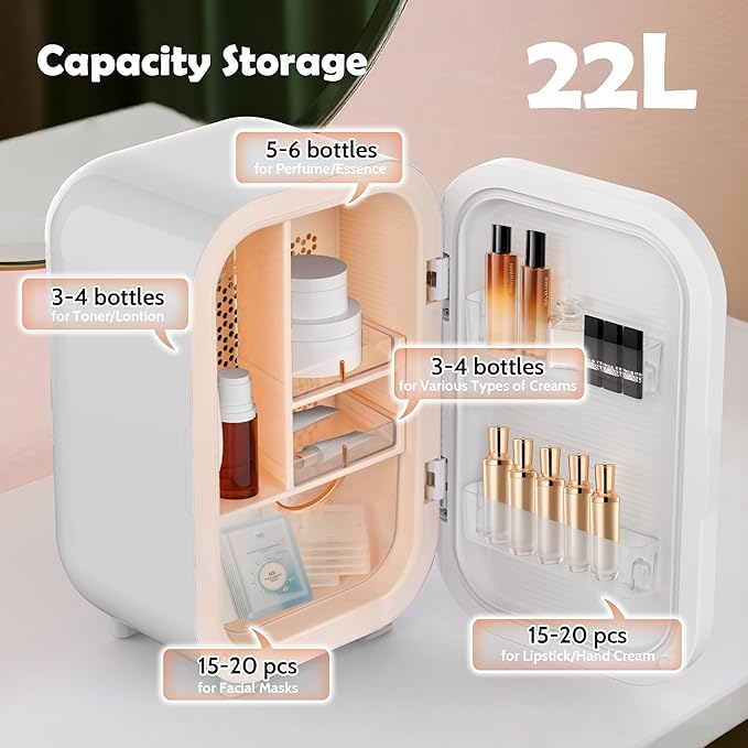 Kikihouse 22L Mini Skincare Fridge, Beauty Fridge for Cosmetic Storage, 44°F Intelligent Temperature Control, Personal Small Makeup Refrigerator for Bedroom, Dorm