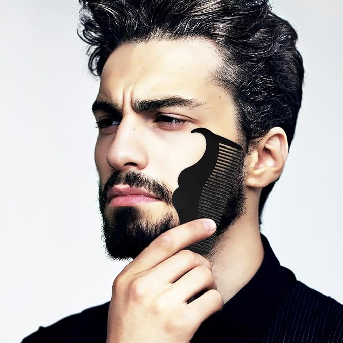 Men Beard Stencil Comb and Stainless Steel Beard Styling Tool Set with Mustache Brush for Men’s Grooming and Travel Portable Black Opp Pocket Case