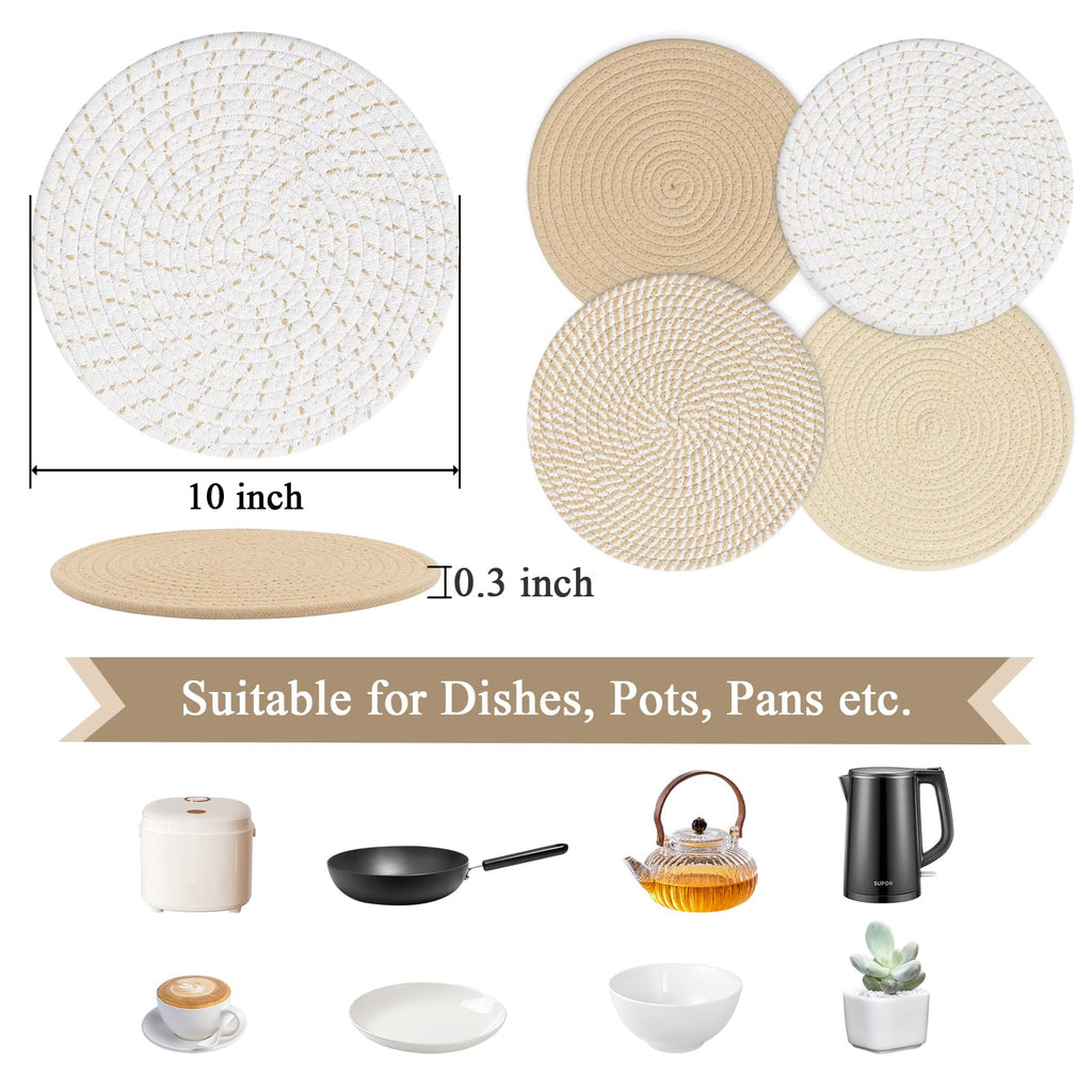 SHACOS 10 Inches Trivets for Hot Dishes, 4 Pieces Cotton Trivets Mats for Kitchen, Hot Pads for Countertops and Table, Heat-Resistant Pot Holders for Hot Pots and Pans(Khaki, 4pcs)