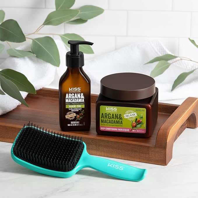 KISS Colors & Care Detangling Two-Tiered Teeth Brush - Reduces Hair Breakage, Double Bristles, Suitable For Wet or Dry Hair, Smooth & Sleek Results, Wide Paddle, Gently Massages the Scalp