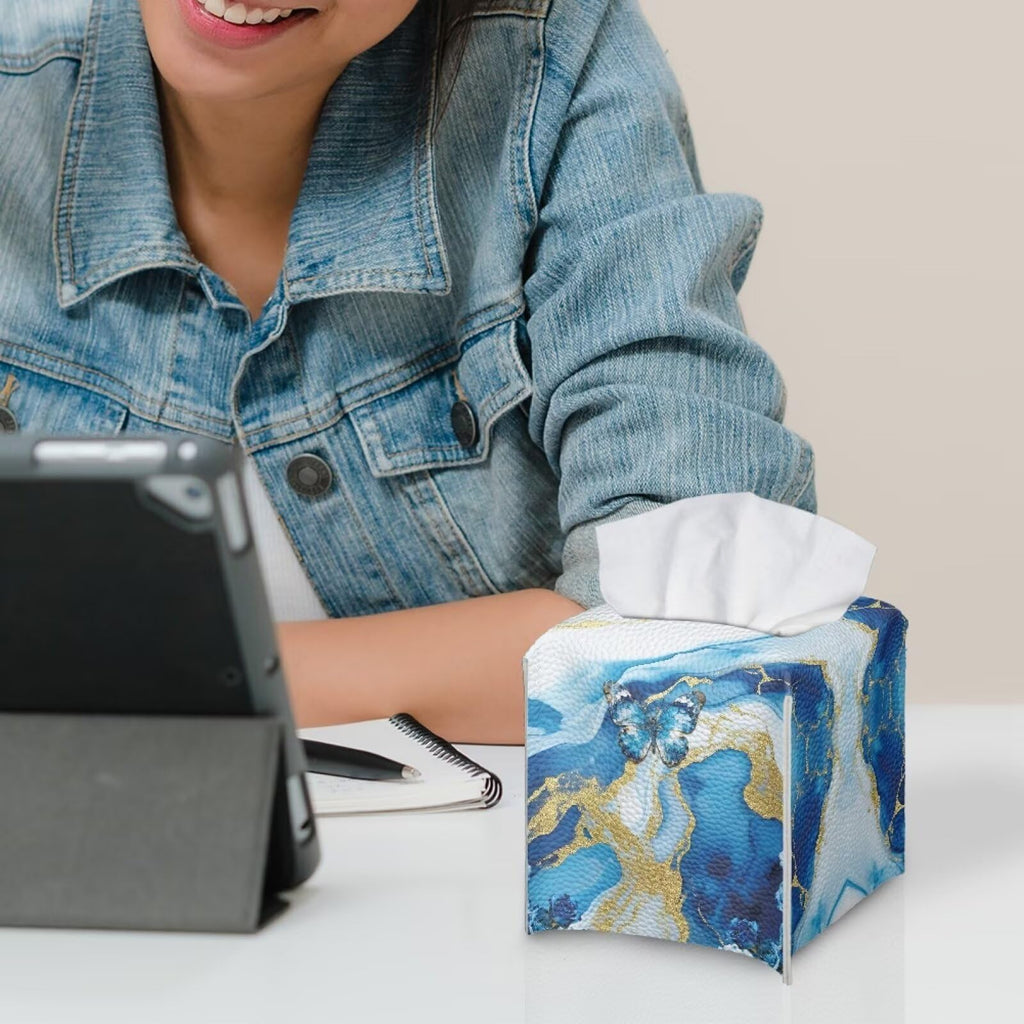 Pzuqiu Blue Marble Butterfly Modern Tissue Box Holder, Waterproof Square PU Leather Napkin Case with Metal Button Closure, Decorative Tissue Cover Organizer for Vanity, Desk, Car, and Living Room