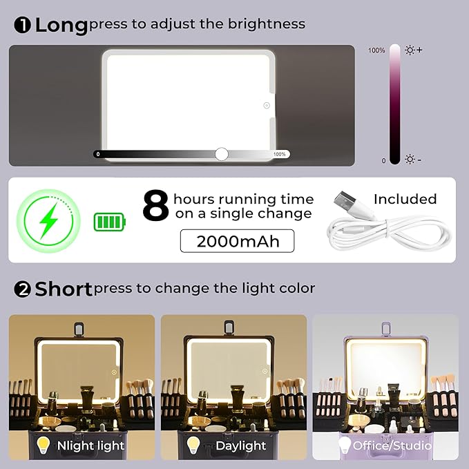 GALHUBIS Makeup Case with Lighted Mirror, Makeup Box Organizer with Detachable LED Mirror, Travel Makeup Train Case, Waterproof Cosmetic Organizer, Standing Brush Holder, Gift, Purple
