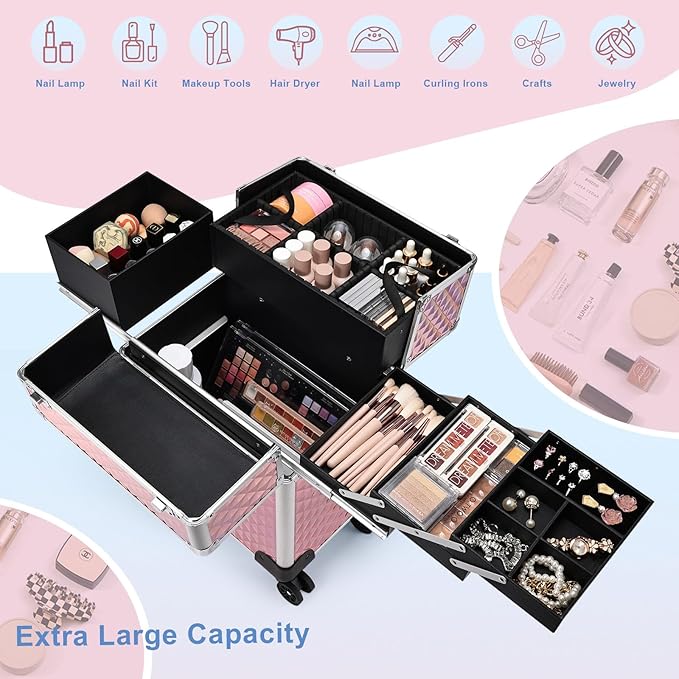 Stagiant Rolling Makeup Train Case Cosmetology Case on Wheels Travel Cosmetic Suitcase Trolley Makeup Luggage Storage Box 4 Tray with Lock Middle Layer Salon Nail Tech Cart Traveling Tattoo Case Pink