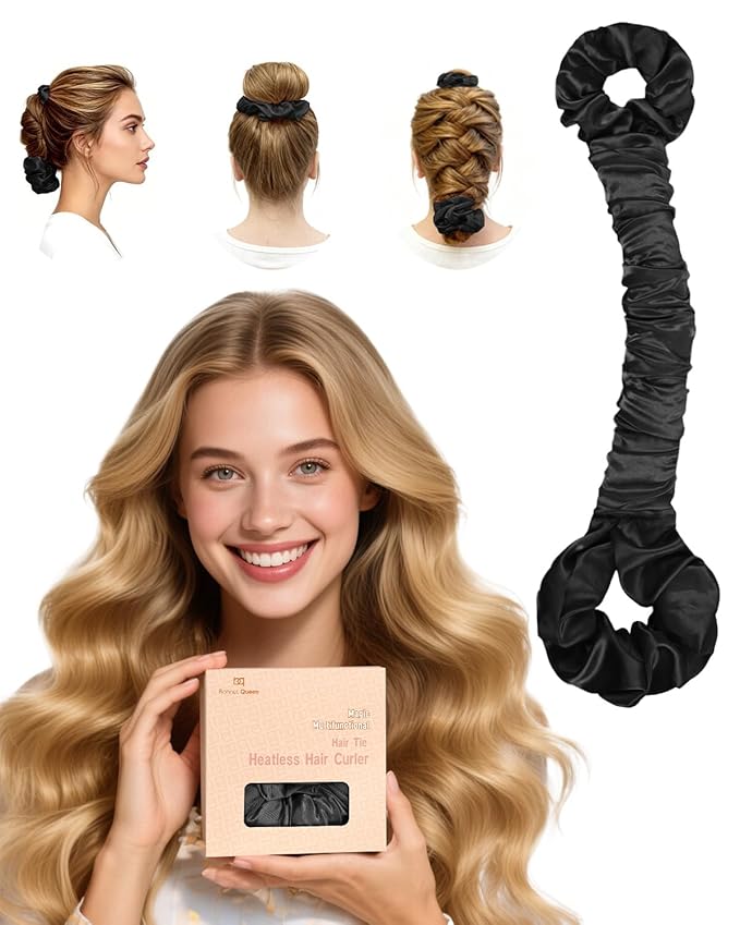 BONNET QUEEN Large Satin Heatless Hair Curler for Long Thick Hair, Heatless Curls Overnight, Hair Curlers to Sleep In, Damage-Free Waves for Women with Built-in Scrunchie, Black