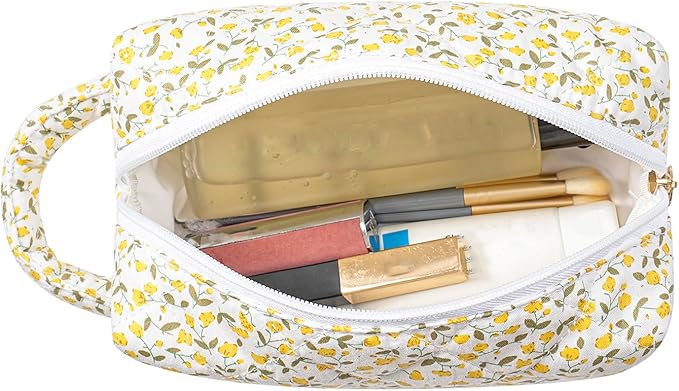 HHQQWZ Makeup Bag Travel Cosmetic Bag for Women, Zipper Make Up Pouch, Floral Flowers Toiletry Organizer Makeup with Handle, Cosmetic Travel Cloth Bag (Yellow Floral)