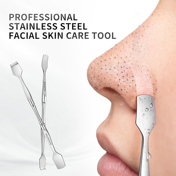 AUSOMTEK Blackhead Remover Tool & Facial Pore Cleaner, Dual-Ended Stainless Steel Face Spatula for Skin Care Routine, Includes Cyan PU Case