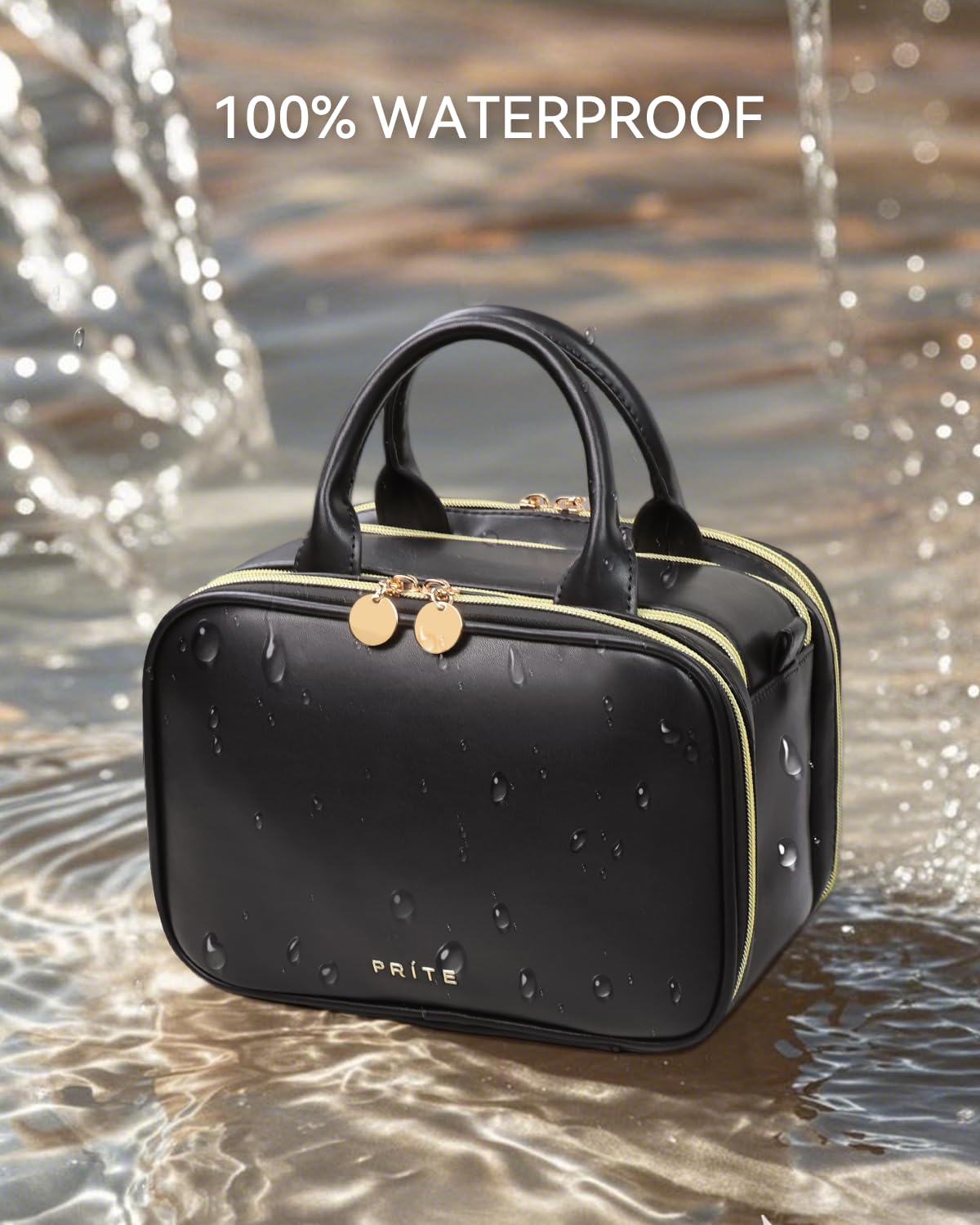 Prite Large Makeup Bag, Waterproof Travel Cosmetic Case with Brush Holder