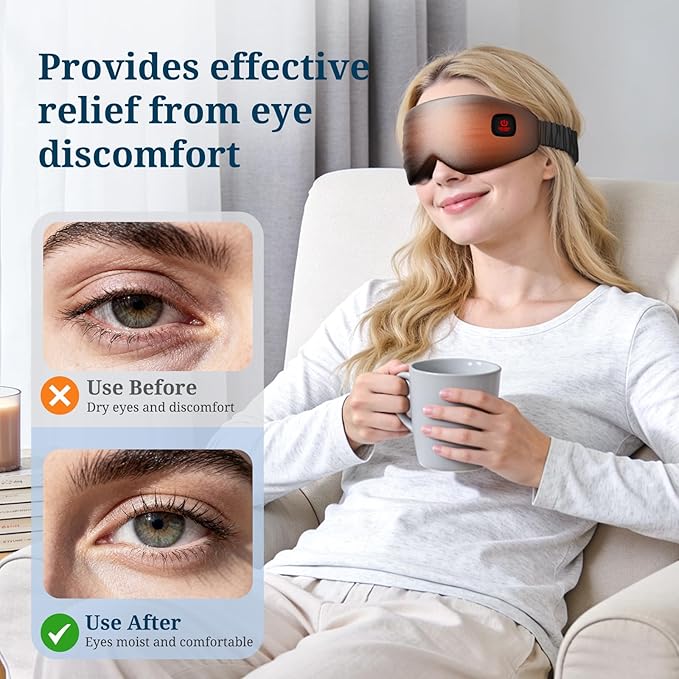 100% Silk Wireless Heated Eye Mask with Cooling, Relieves Dry Eye Syndrome and Puffy, Reduces Dark Circles, Adjustable Velcro Design and Washable Cover, Suitable for Travel & Gifts-Black.