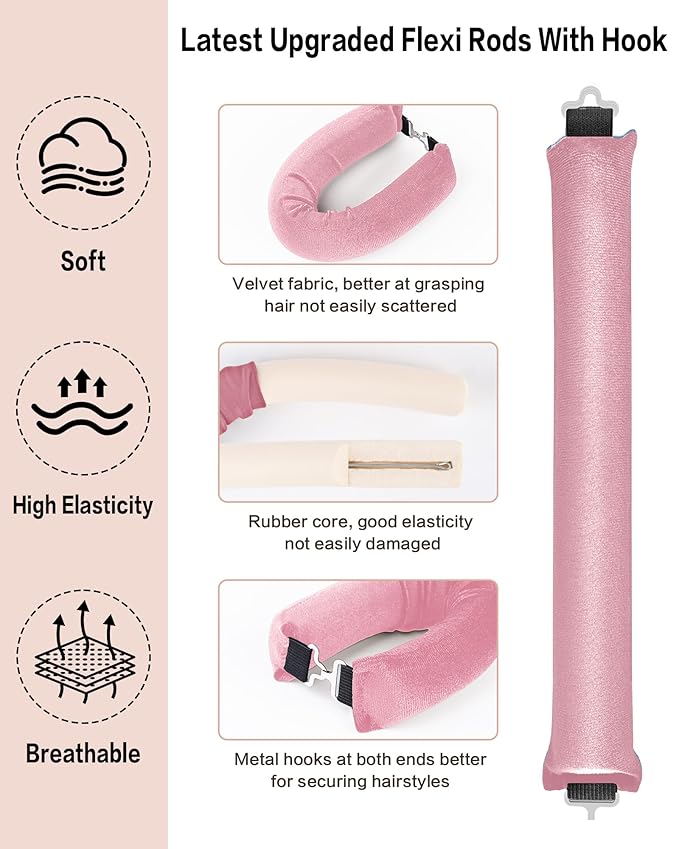Seritant Heatless Curls Overnight with Satin Head Scarf, Velvet Hair Rollers for Blowout Look, No Heat Curling Rod for Long Thick Hair, Soft Sleep In Flexi Rods - 4PCS(3)