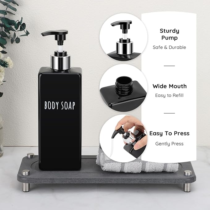Segbeauty 6pcs Bathroom Soap Dispenser, 16.9oz Reusable Shampoo and Conditioner Bottles, 500ml Empty Plastic Square Black Soap Dispenser, Liquid Soap Dispenser Lotion Dispenser for Bathroom Kitchen