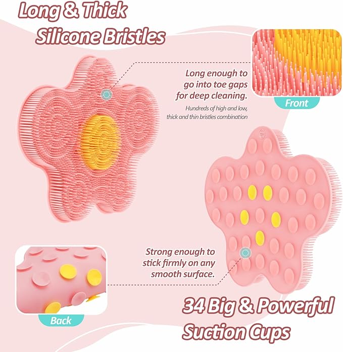 New Silicone Shower Foot Scrubber Mat, Large Wall-Mounted Back Scrubber Back Washer with Long Bristles & Powerful Suction Cups, Easy to Clean Exfoliate and Massage Without Bending(Pink)
