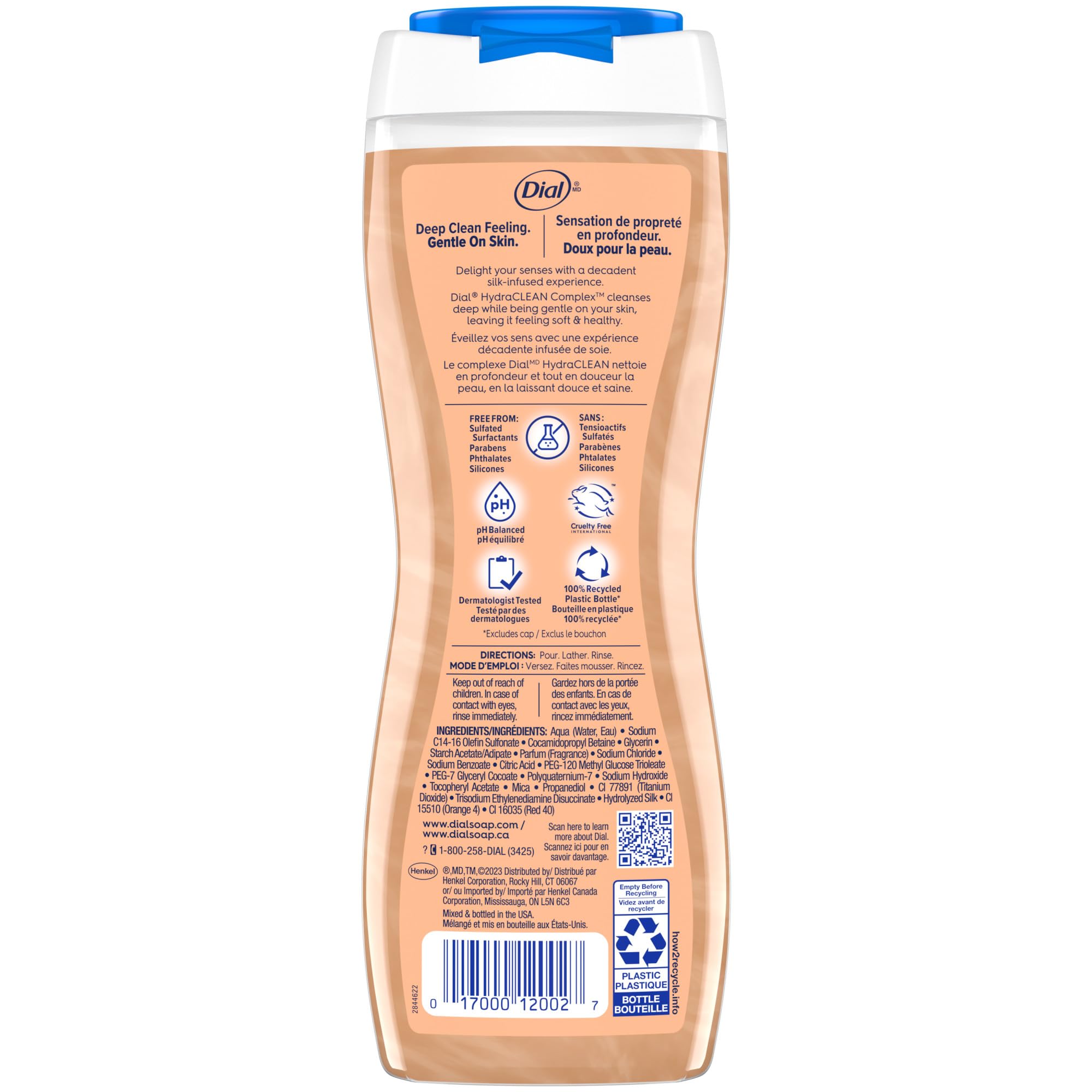 Dial Body Wash, Hydraclean Complex & Vitamin E, Gentle, Leaves Skin Feeling Nourished, Dermatologist-Tested, No Parabens & Sulfates, Pamper & Indulge, Silk & Seaberry, 16 fl Oz (Pack of 4)