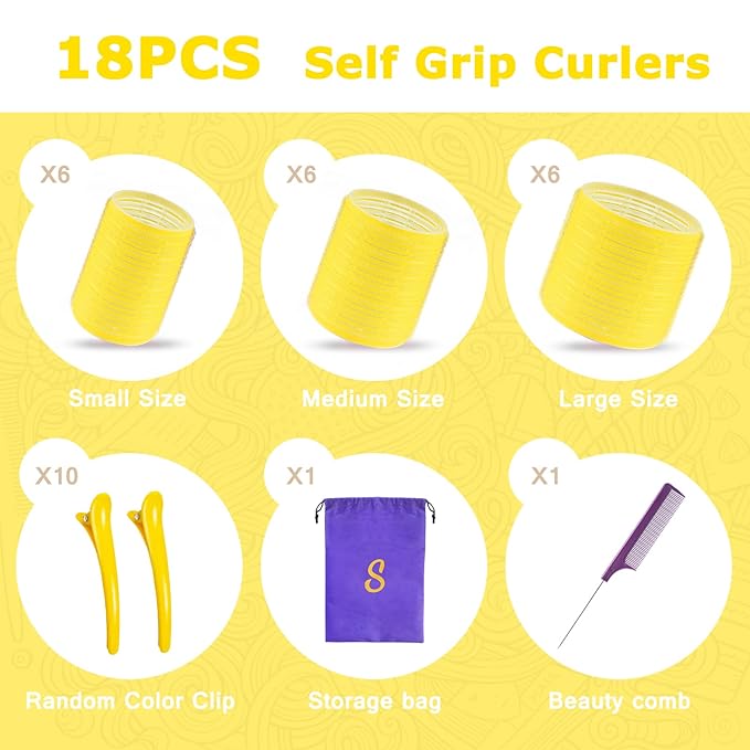Self grip hair roller set,18 pcs,Hair rollers with hair roller clips and comb,Salon hairdressing curlers,DIY Hair Styles, Sungenol 3 Sizes Yellow Hair Rollers in 1 set
