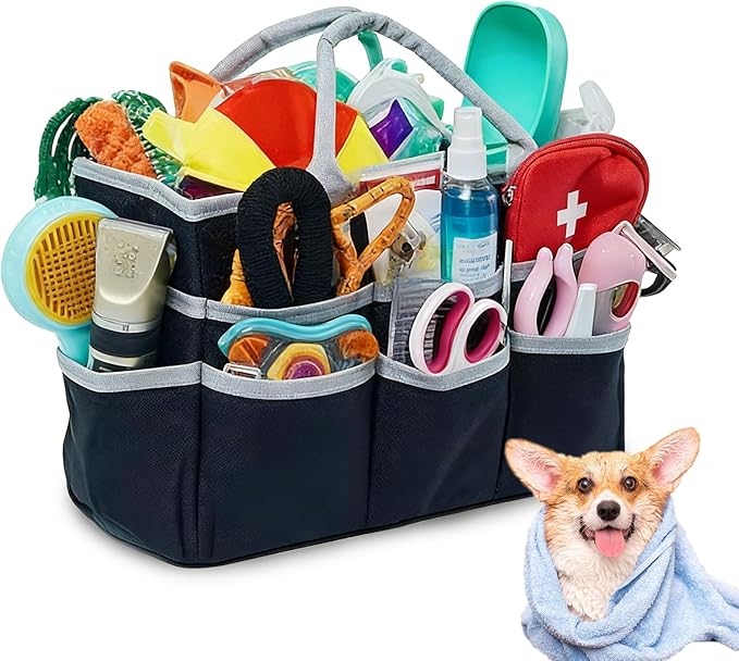 HTYSIQI Dog Grooming Organizer Bag with 10 Pockets, 600D Oxford Portable Tote for Pet Supplies Storage, Travel Grooming Kit for Dog Cat Accessories, Shampoo, Brush, Clipper, Lightweight & Durable