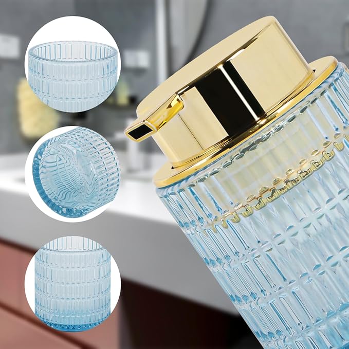 Tonxus Foaming Soap Dispenser, Blue Glass Foam Soap Dispenser for Bathroom and Kitchen, 10 Oz Refillable Foaming Pump Bottle with Large Pump, Ribbed Bottle Container Decor