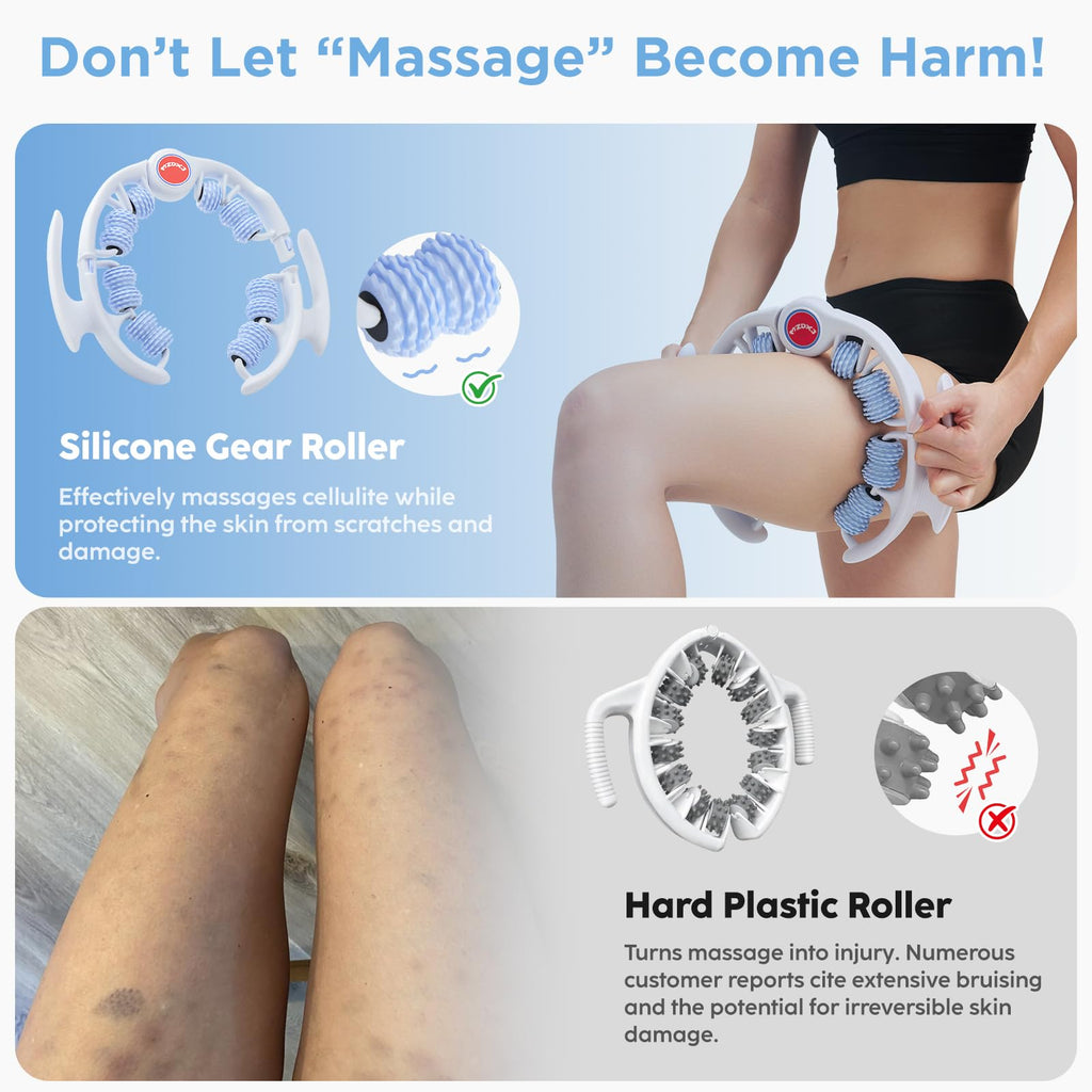 MZDXJ Cellulite Massage Tool - Lymphatic Drainage Massager - Muscle Roller, Deep Fascia Massage, Dimpled Skin Removal, Legs/Thighs/Buttocks, Anti-Cellulite Roller, Smooth Skin (14 Wheel - Blue)