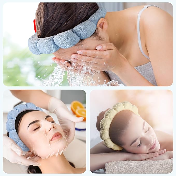Ztomine Spa Terry Cloth Headband Combo Pack - 2 Puffy Makeup Facial Headbands for Face Washing and Masks (Beige + Blue)
