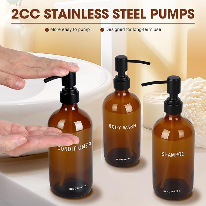 Nemosupery Amber Glass Shampoo and Conditioner Dispenser Set – 16.9oz Refillable Bottles with Stainless Steel Pump, Non-Slip Mat & Waterproof Labels –Shampoo Conditioner Body Wash Dispenser for shower