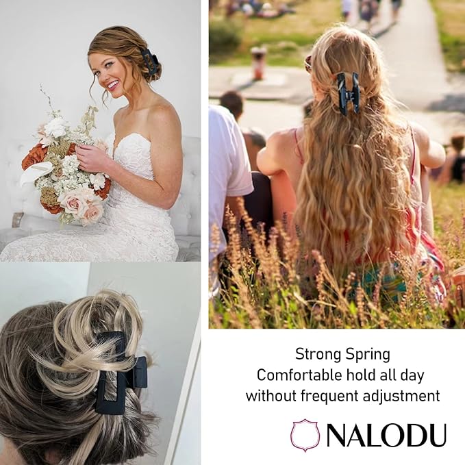 Nalodu Hair Claw Clips Large Square 4 Inch Matte No Slip Big Rectangle Jaw Clip Clamp for Thick Hair Women, 3 Pack Black