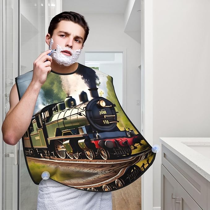 NOUZU Steam Little Train Print Beard Bib Apron For Men, Beard Hair Catcher For Men Shaving Trimming,Beard Cape Cloth, Black