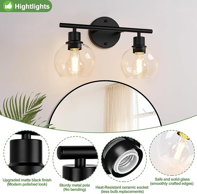 2-Light Bathroom Vanity Light, Matte Black Bathroom Light Fixture Over Mirror with Clear Glass Globe Shades, Modern Farmhouse Wall Sconce for Bathroom, Kitchen, Bedroom, Hallway