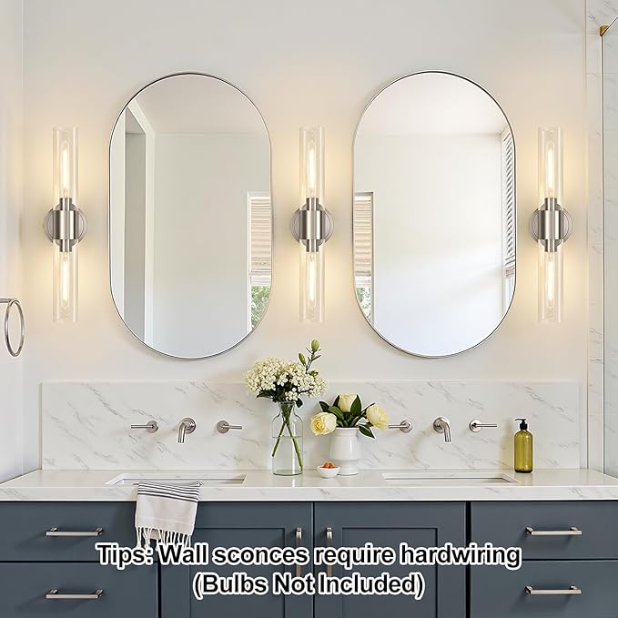 Wall Sconces Set of Two, Brushed Nickel Bathroom Sconces Wall Lighting with Clear Glass, Hardwired Modern Sconces Wall Decor Set of 2 for Bathroom Mirror Bedroom Living Room Hallway