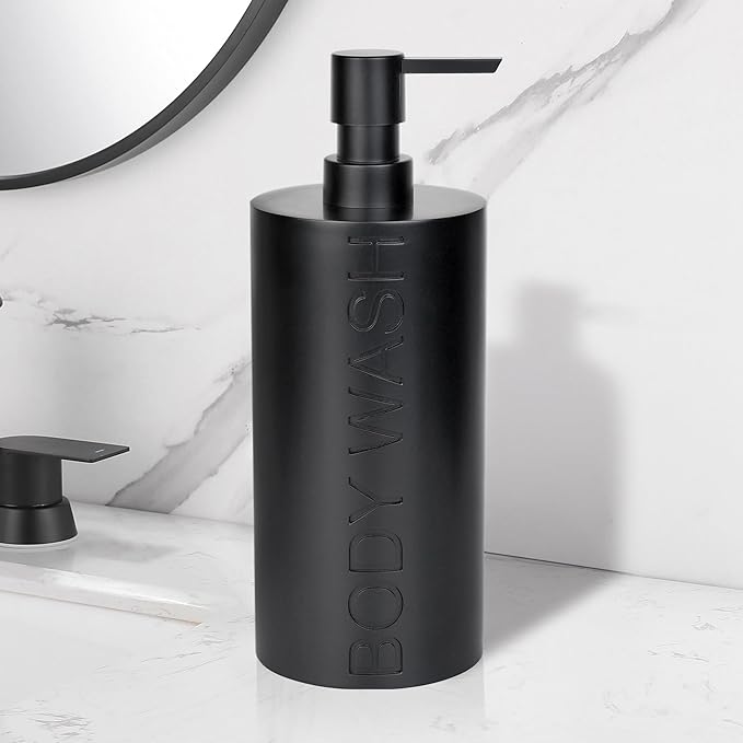 Indecor Home Matte Black Body Wash Dispenser Luxurious Refillable Pump Bottle with Embossed Text, Durable Construction for Bathroom and Shower