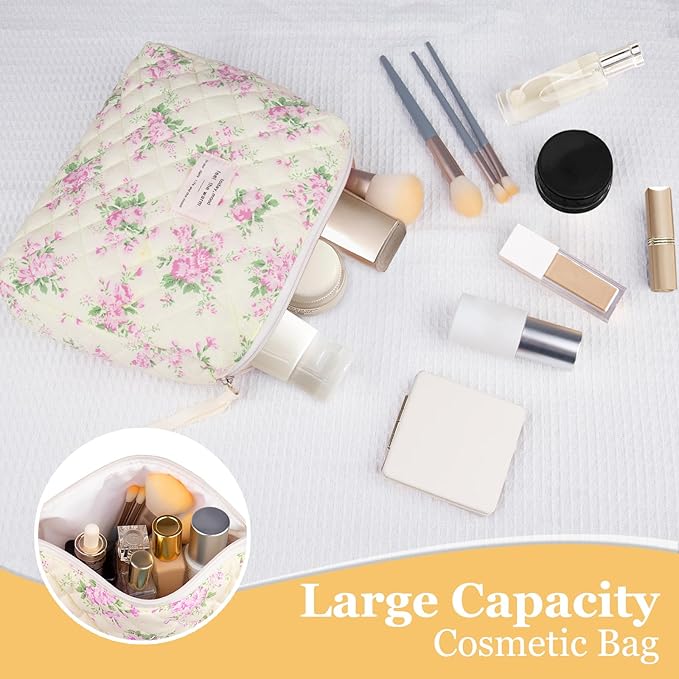 Gosect Floral Makeup Bag, Small Cosmetic Bag for Women Girls, Cute Cotton Makeup Bag, Quilted Makeup Bags, Flower Travel Toiletry Organizer Bag(Pink Flower)