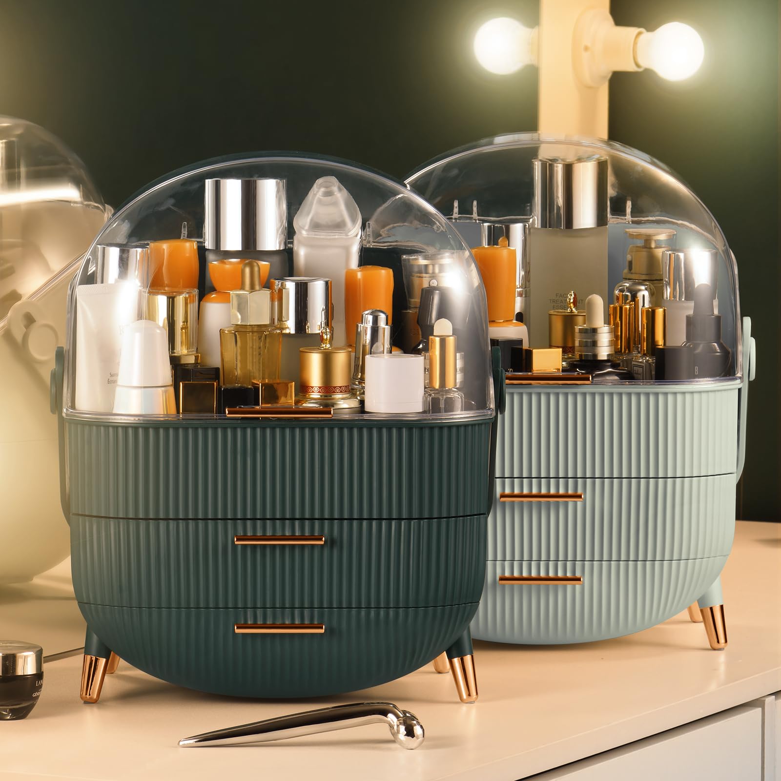 CANITORON Makeup Organizer,Skincare Organizer with 2 Drawers and Brush Storage Box,Lipstick Holder,Cosmetic Display Case for Vanity Organizer and Bathroom Countertop Storage.(Sage Green)