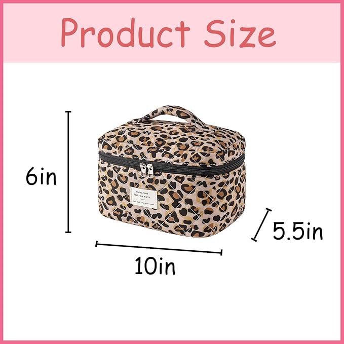 uekeboag Large Travel Quilted Makeup Bag for Women, Floral Cotton Cosmetic Bag, Coquette Aesthetic Floral Toiletry Organizer Bag(Leopard