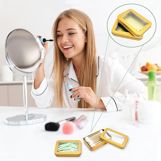 MatFirsmo Cotton Swab Holder for Travel, 2 Pcs Portable Small Dental Floss Holder Empty Metal Cotton Ball Holder, Travel Floss Picks Case with Dustproof Lid for Cotton Swabs Hair Ties Floss, Gold