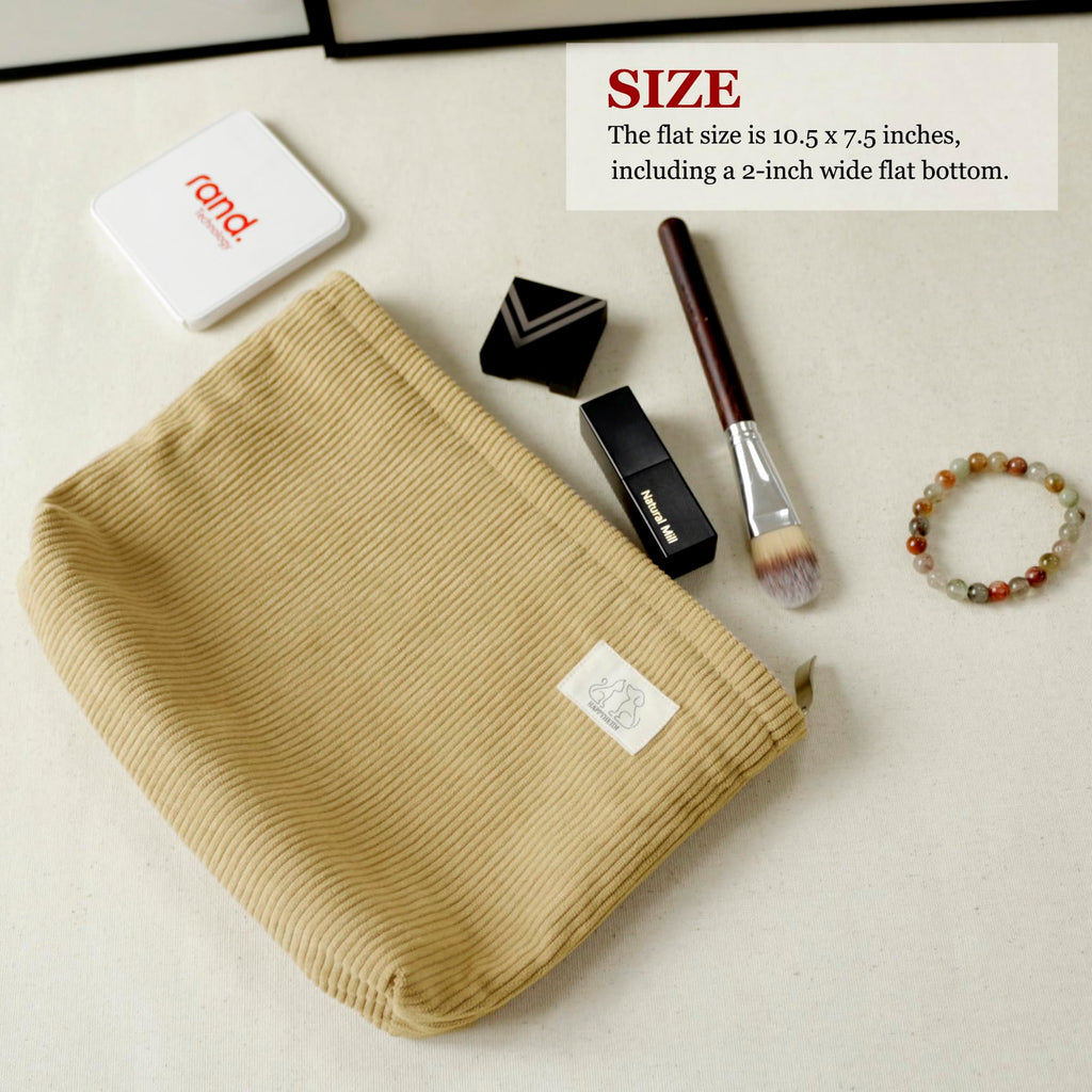 HAPPYHEIDI Cute Corduroy Makeup Bag with Pocket, Large Cosmetic Travel Pouch, Vintage Yellow, Lightweight, Zipper Closure, Canvas Lined